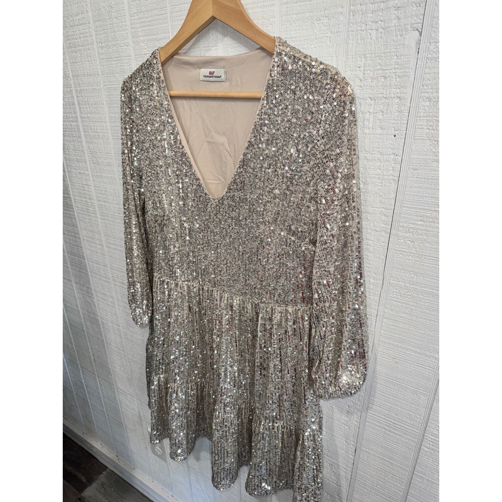 Vineyard Vines Dress Womens Champagne Gold Sequin Tiered V-Neck Mini L - Picture 2 of 5